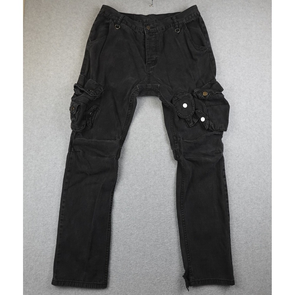 MNML Mens Cargo Pants Black Distressed Denim Cotton 33X33 Rips Patches Punk
